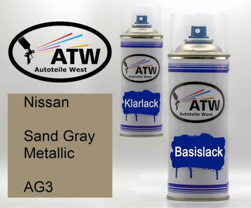Nissan, Sand Gray Metallic, AG3: 400ml Sprühdose + 400ml Klarlack - Set, von ATW Autoteile West.